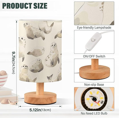 Bedside Table Lamp Cute Fur Seal Animal Nightstand Lamp with Wood Desk Lamps for Bedroom Living Room Nursery Office Home Decor