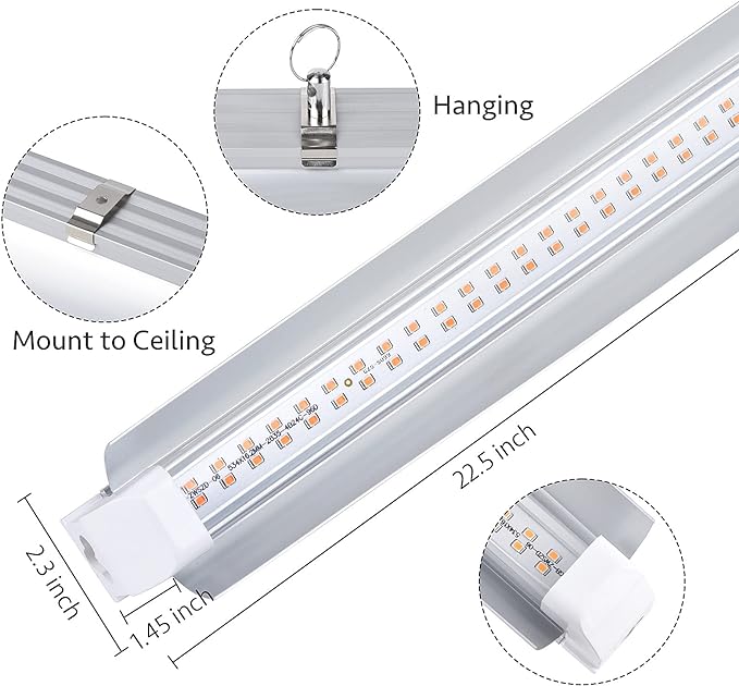 Grow Light, 2ft T8,100W(4 x 25W, 600W Equivalent), Super Bright, Full Spectrum Sunlight Plant Light, LED Grow Light Strips, Grow Lights for Indoor Plants,Greenhouse,4-Pack