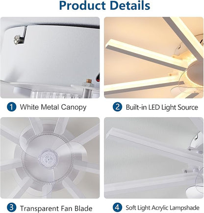 27" White Straight Strip Geometric Ceiling Fan with Lights, 3 Colors 6 Speeds Low Profile Ceiling Fan with Light for Kitchen Bedroom