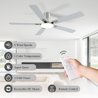 SNJ 60 Inch Brushed Nickel Ceiling Fans with Lights and Remote,Flush Mount Low Profile 5 Blades Ceiling Fan,Dimmable Quiet Reversible DC Motor for,Living Room,Bedroom and Patio