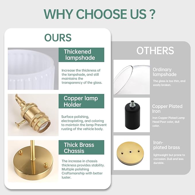 Shenmoyl Battery Operated Wall Sconce with White Striped Shade Pattern Glass Adjustable Chain Retro Gold Wall Mounted Light, Modern Wall Lamp Fixtures Decor for Bedside Bedroom Indoor Doorway