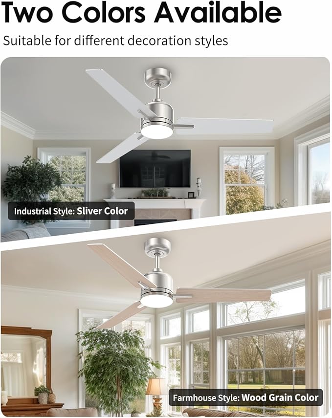 52 inch Ceiling Fans with Lights and Remote, Brushed Nickel Ceiling Fans Dimmable 3 Color Temperature, Timer, 3 Blades, 6 Speed Modern Fan Quiet Reversible DC Motor for Indoor or Covered Outdoor