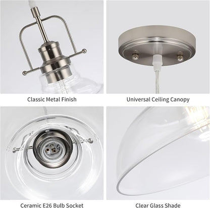 WILON Brushed Nickel Glass Pendant Lights Kitchen Island Lighting, Modern Hanging Lamp for Sink Dining Room Over Table Hallway Entryway Bar Foyer Bathroom