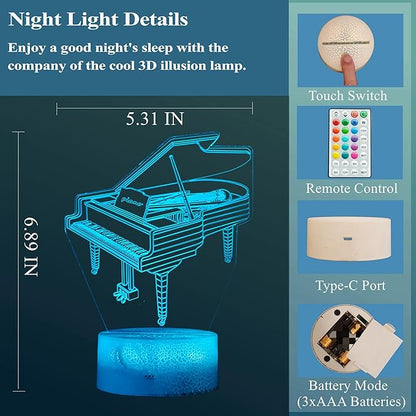 Piano Night Light, Instrument Gifts, Piano 3D Illusion Lamp with 16 Colors Changing, Timer, 4 Flash Modes and Dimmable, Kids Boys Girls Room Decoration, Holiday Xmas Music Gifts