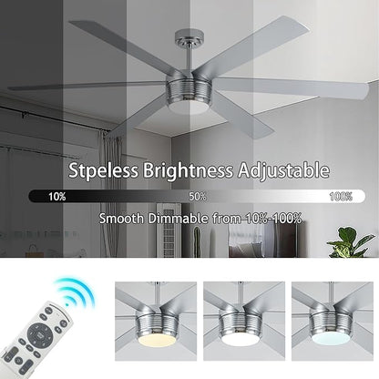 SHOWDI Ceiling Fan with Lights and Remote, 6 Blade App Control Timer Reversible Stepless Brightness and Color Temperature Outdoor Wood Ceiling Fan with Lights (Chrome, 72 Inch)