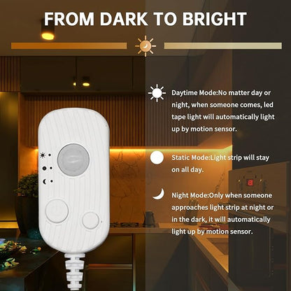 Motion Sensor LED Light Strip, Ultra Warm Yellow 2200K Strip Light USB Powered 16.4ft, Day/Night Modes & Dimming Brightness, Adhesive Tape 5V Free Cutting Rope Lights for Decor