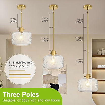 Glass Pendant Lights Kitchen Island, 9.84'' Brass Gold Pendant Lighting Fixtures, Modern Hanging Ceiling Light with Clear Hammered Glass Shade for Farmhouse Dining Room Bedroom Hallway(1 Pack)