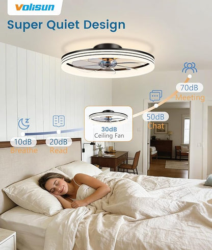 VOLISUN Low Profile Ceiling Fans with Lights and Remote, 24in Flush Mount Ceiling Fan with Light, 3000K-6500K Dimmable Fandelier LED Fan Light, Black Bladeless Ceiling Fans with Lights for Bedroom