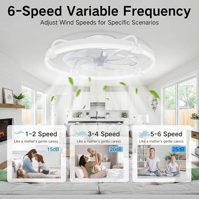 OUTON 24" Ceiling Fan with Light, Remote & App Control, Fandelier Low Profile Flush Mount Ceiling Fan with 3000K-6500K Stepless Dimmable, 6 Speed, Quiet DC Motor, Modern Ceiling Fans for Bedroom White