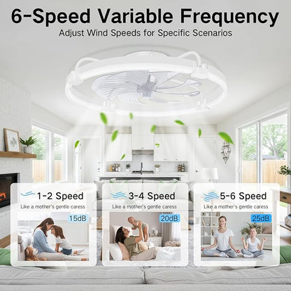 OUTON 24" Ceiling Fan with Light, Remote & App Control, Fandelier Low Profile Flush Mount Ceiling Fan with 3000K-6500K Stepless Dimmable, 6 Speed, Quiet DC Motor, Modern Ceiling Fans for Bedroom White