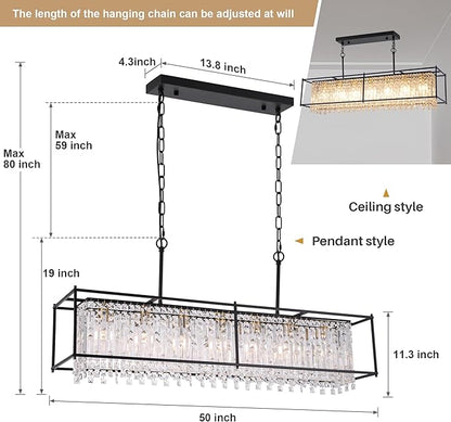 Crystal Chandeliers for Dining Room,50IN Modern Black Chandelier for Living Room, Adjustable Height, 7-Light Pendant Light Fixture,Rectangle Lighting for Kitchen Island Living Room