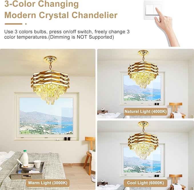 Depuley 16" Gold Crystal Chandelier: 5-Light Hanging Ceiling Light Fixture 3-Tier Flush Mount Chandelier Pendant Light for Dining Room Living Room Foyer Kitchen Island Included Bulbs