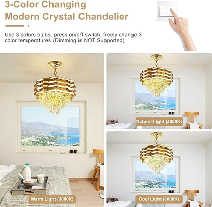 Depuley 16" Gold Crystal Chandelier: 5-Light Hanging Ceiling Light Fixture 3-Tier Flush Mount Chandelier Pendant Light for Dining Room Living Room Foyer Kitchen Island Included Bulbs