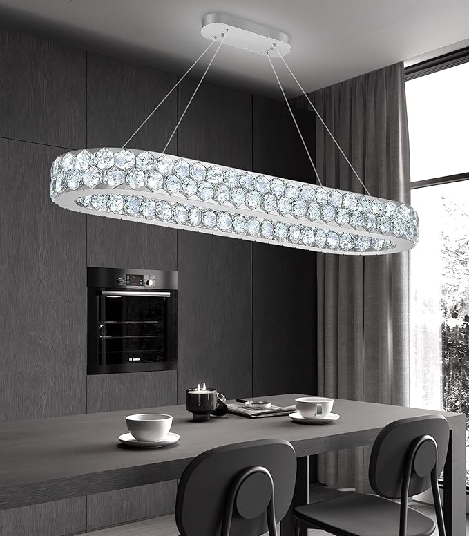 40'' Modern Oval Chandelier Crystal Chandeliers for Dining Room Round Ceiling Light Fixture for Living Room Lighting LED Dimmable with Remote Ring Lights Silver