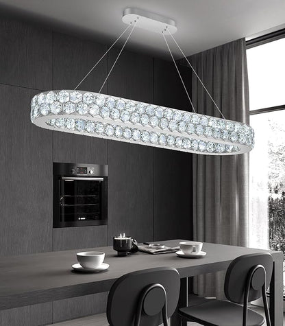 40'' Modern Oval Chandelier Crystal Chandeliers for Dining Room Round Ceiling Light Fixture for Living Room Lighting LED Dimmable with Remote Ring Lights Silver