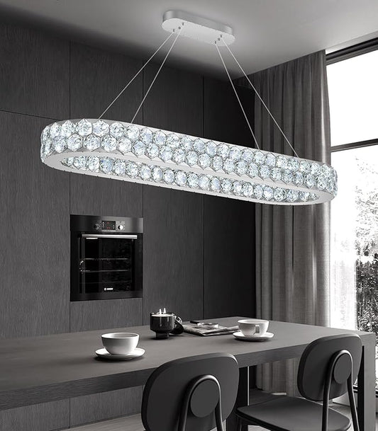 40'' Modern Oval Chandelier Crystal Chandeliers for Dining Room Round Ceiling Light Fixture for Living Room Lighting LED Dimmable with Remote Ring Lights Silver