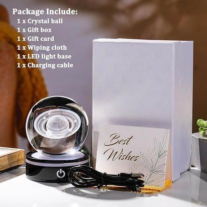 YWHL 3D Saturn Crystal Ball with LED Light Base, 3D Laser Engraved Glass Sphere Galaxy Crystal Ball for Home Decorations, Planet Saturn Lamp Gifts for Mother's Day Birthday Christmas (80mm)