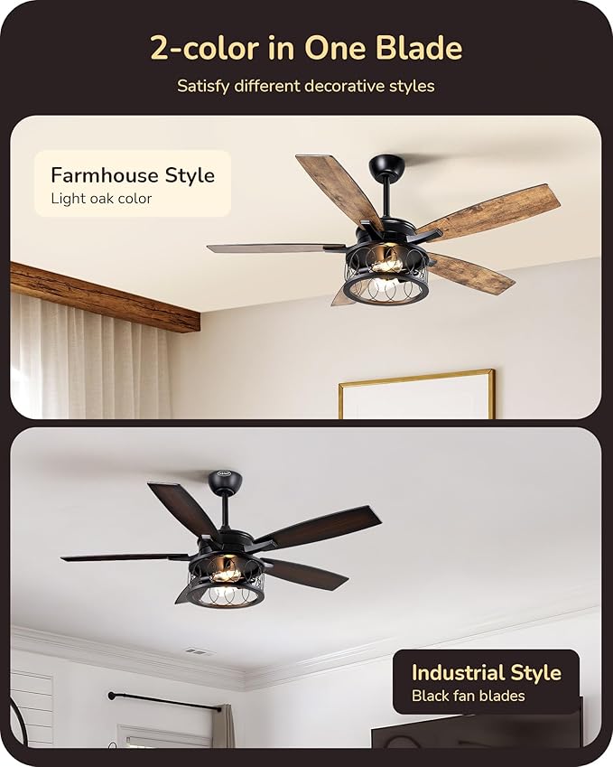 EDISHINE 52'' Farmhouse Ceiling Fans with Lights, 10%-100% Dimmable, 5 Wooden Blades, 1/2/4/6 Hour Timer, 6 Speeds Reversible DC Motor, Rustic Ceiling Fan for Living Room, Bedroom, Burnt Wood