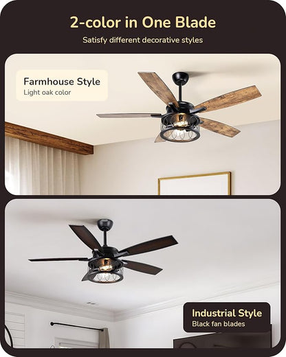 EDISHINE 52'' Farmhouse Ceiling Fans with Lights, 10%-100% Dimmable, 5 Wooden Blades, 1/2/4/6 Hour Timer, 6 Speeds Reversible DC Motor, Rustic Ceiling Fan for Living Room, Bedroom, Burnt Wood