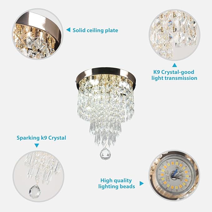 Flush Mount Crystal Chandelier 9.8" – Modern Gold Ceiling Light with LED 3-Color K9 Raindrop Crystals for Bedroom, Dining Room, Entryway, Hallway