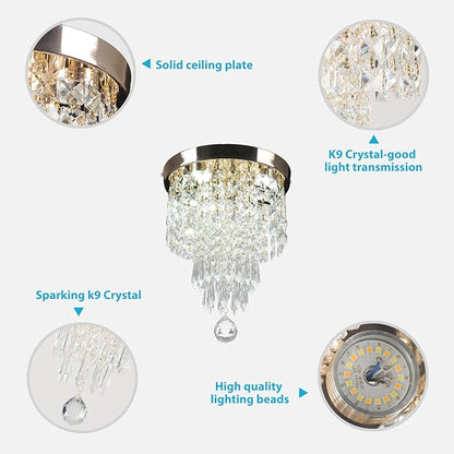 Flush Mount Crystal Chandelier 9.8" – Modern Gold Ceiling Light with LED 3-Color K9 Raindrop Crystals for Bedroom, Dining Room, Entryway, Hallway