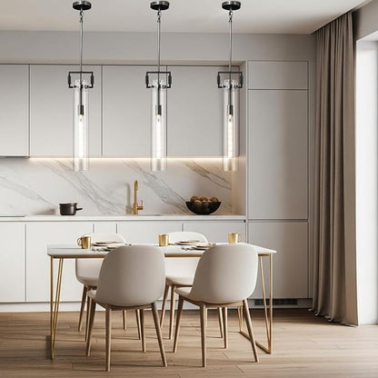 Black Pendant Light Glass for Kitchen Island 1Pack, Adjustable Hanging Chandelier with Glass Shade Modern Pendant Light Fixture for Farmhouse, Dining Room,Bedroom,E26 Bulb Included