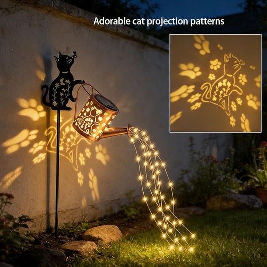 Outdoor Solar Cat Garden Decorative, 2 Pcs Solar Watering Can with Light, Featuring Metal Cat Silhouette Stake, Day Gift for Women, Waterproof, for Landscape, Lawn, Garden Path Decor