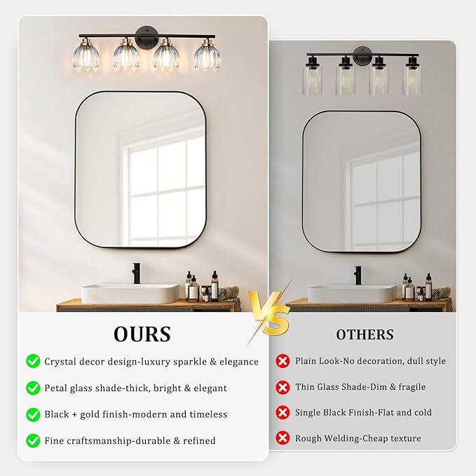 TALOYA Bathroom Vanity Light Fixtures, 4-Light Black and Gold Wall Lights for Mirror with Gradient Blue Tulip Glass Shades, Over Sink Lighting for Bedroom, Living Room, Hallway,Farmhouse