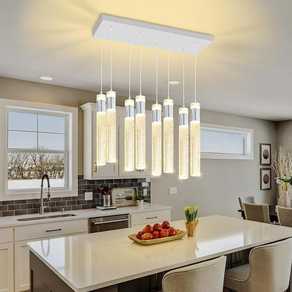 8-Lights Silver Hanging Pendant Light for Kitchen Island Modern Dimmable LED Crystal Chandeliers for Dining Room Bedroom Living Room Over Table Adjustable Height