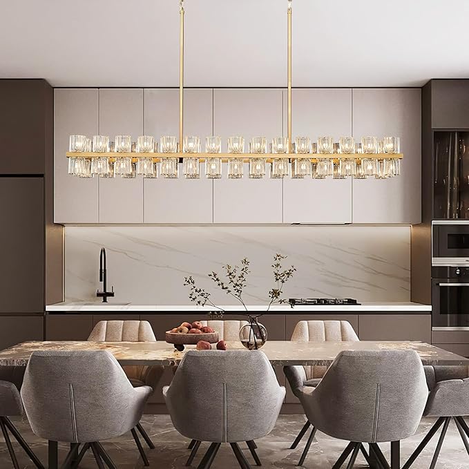 Crystal Gold Rectangular Chandelier for Dining Room, 54 in Light Fixture Dining Room Chandeliers Over Table, Modern Crystal Chandeliers Pendant Light for Kitchen Island, Living Room