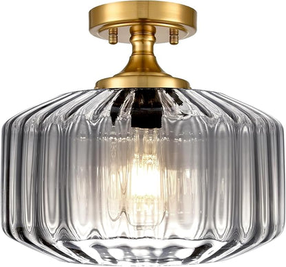 Gold Flush Mount Ceiling Light Fixture Porch Glass Ceiling Light Contemporary Ribbed Glass Chandeliers Overhead Light Farmhouse Lamp for Laundry Room, Entryway Pantry Light(Gray)