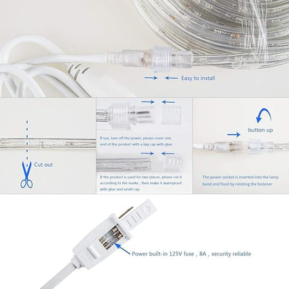 50ft/15m Plug in LED Rope Lights, 540 Warm White LEDs, 110V, Waterproof, Connectable,Power Socket Connector Fuse Holder, Indoor/Outdoor Use, Ideal for Backyards, Decorative Lighting