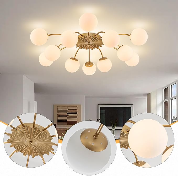 Longree 12-Light Gold and White Sputnik Chandelier Flush Mount Ceiling Lights with Blossom Accent, Mid Century Opal Glass Bubble Starburst Light Fixture for Dining Living Entry Room