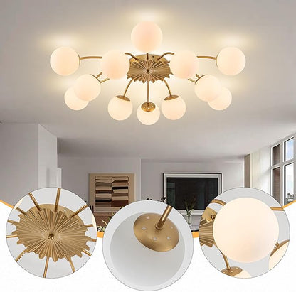Longree 12-Light Gold and White Sputnik Chandelier Flush Mount Ceiling Lights with Blossom Accent, Mid Century Opal Glass Bubble Starburst Light Fixture for Dining Living Entry Room