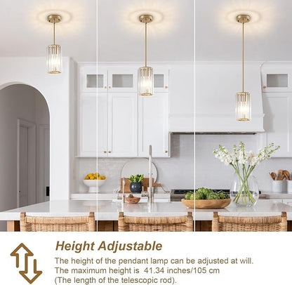 3 Pack Gold Modern Crystal Pendant Lights Hanging Light Fixtures, Gold Kitchen Island Pendant Lighting Fixtures Adjustable Modern Crystal Pendant Lights for Island Dining Room Hallway Bedroom