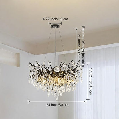 Crystal Chandelier for Dining Room, 24" Black Modern Living Room Light Fixture, Tree Branch Chandeliers with 8-Light, Round Chandelier for Dining Table, Bedroom, Entryway, Bathroom, Foyer