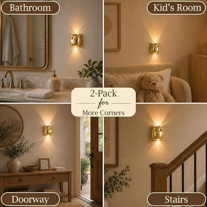 2-Pack Golden Owl Wall Lamp, Cute LED Night Light for Bedroom Decor, Warm Ambient Lighting for Kids Room, Nursery & Hallway, Creative Animal Wall Light, Gift for Home Decoration