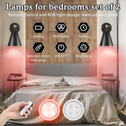 Battery Operated Wall Sconce, Wireless Wall Lights Set of 2, 13 RGB Colors Dimmable Battery Powered Wall Lamp Fixture with Remote Control, Memory Function, Auto Timer for Bedroom, Living Room, Hallway