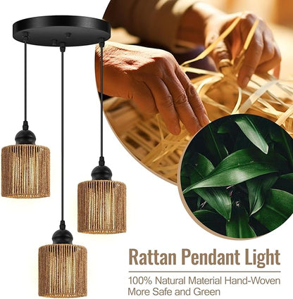 BoostArea 3-Light Rattan Pendant Lights Kitchen Island, Farmhouse Chandelier with Handwoven Wicker Shade, Adjustable Height Boho Hanging Light for Kitchen Island/Dining Room/Bedroom/Hallway, No Bulb