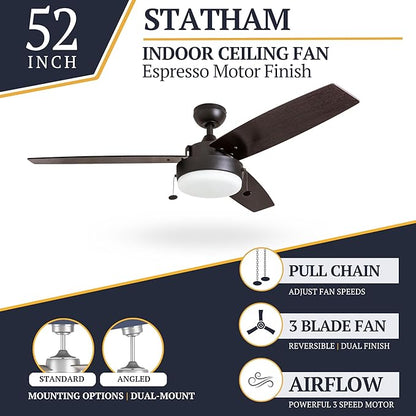 Prominence Home Statham, 52 Inch Contemporary Indoor LED Ceiling Fan with Light, Pull Chain, Dual Mounting Options, Modern Dual Finish Blades, Reversible Motor - 51018-01 (Espresso)