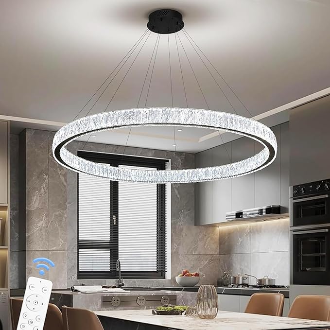 Modern LED Dimmable Crystal Chandelier 47.5" Ring Pendant Light Adjustable Round Chrome Crystal Chandelier Light Fixtures for Dining Room Living Room