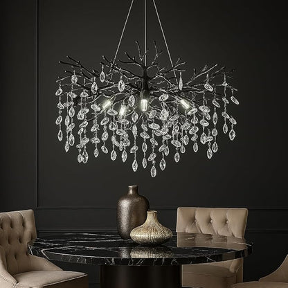 Modern Black Crystal Tree Branch Chandelier, 23" Black K9 Crystal Chandeliers for Dining Room, Round Chandelier for Living Room,High Ceiling,Kitchen Island,Foyer,Staircase