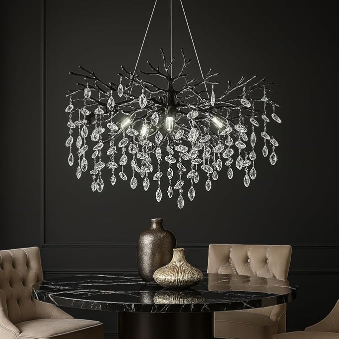 Black Chandelier for Dining Room, 31.5" Moder K9 Crystal Tree Branch Crystal Round Chandeliers for Living Room,High Ceiling,Kitchen Island,Foyer,Staircase,Bathroom
