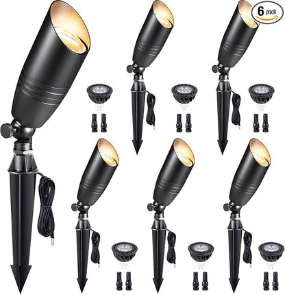 Gardenreet Low Voltage Spot Lights - Black Solid Brass Landscape Spotlight Wired, 12V Outdoor LED Bullet Uplights, Waterproof Electric for Patio Wall with 5000K Daylight MR16 Bulb (6 Pack)