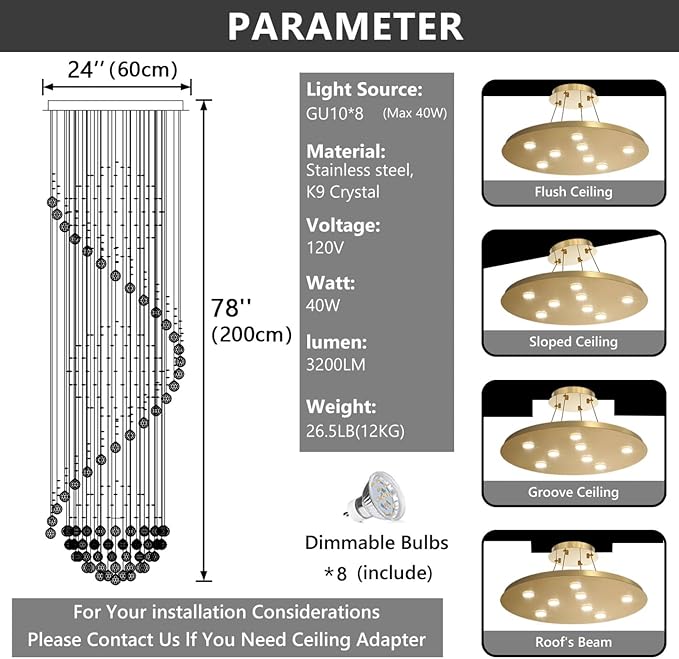 D24'' x H78'' Crystal Chandelier for Entryway High Ceiling Chandeliers Glam Chandelier Modern Large Raindrop Chandeliers LED Dimmable Light Fixtures for Staircaes Foyer Living Room Gold