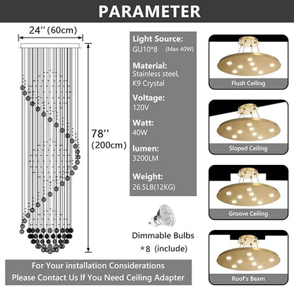 D24'' x H78'' Crystal Chandelier for Entryway High Ceiling Chandeliers Glam Chandelier Modern Large Raindrop Chandeliers LED Dimmable Light Fixtures for Staircaes Foyer Living Room Gold