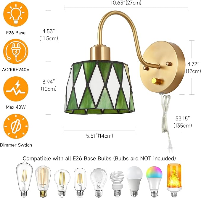 Vintage Bedside Wall Sconce with Dimmable Switch, Brass Industrial Gooseneck Wall Sconce with Plug in Cord, Stained Glass Shade Wall Light Perfect for Bedroom, Living Room and Hotel