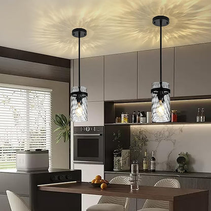 2 Pack Black Pendant Lights Kitchen Island, Hammered Glass Pendant Lighting Over Island, Kitchen Hanging Light Fixtures Pendant Light Over Sink for Kitchen Entryway Foyer Dining Room
