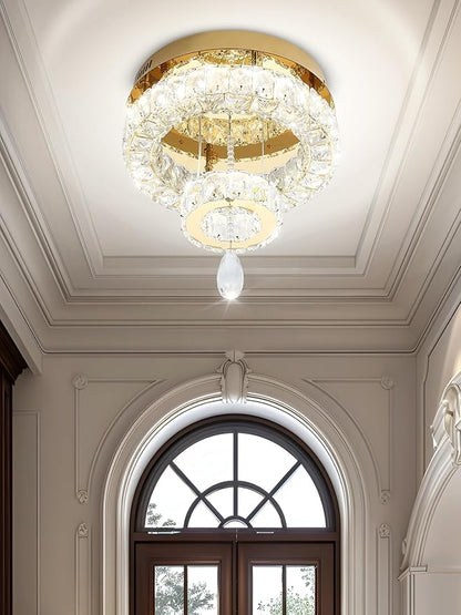 Flashing God Dia 12" Mini Chandelier Modern Crystal Chandeliers for Hallway Gold Flush Mount Ceiling Light Modern Chandeliers Lighting for Bedroom Staircase Kitchen