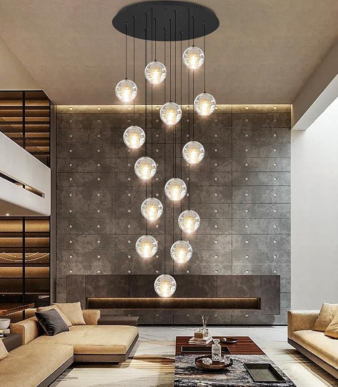 HAIXIANG 14-Lights Modern Chandelier Bubble Crystal 118" Long Lights for Living Room Entrance Foyer Sloped High Ceiling Spiral Pendant Lighting Warm Light Bulbs Black Lights